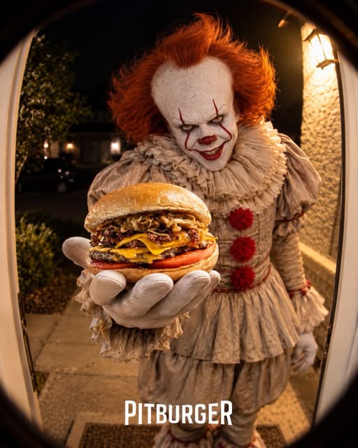 Payaso de Halloween sosteniendo una hamburguesa Pitburger